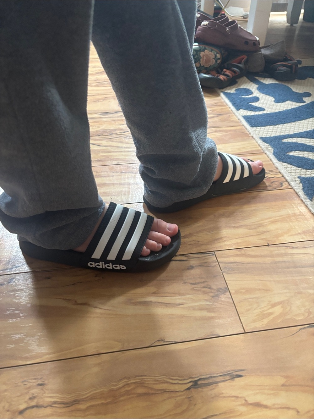 Adidas Black Slides with White Three-Stripes - Picture 2 of 8